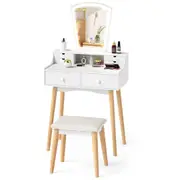 Costway Vanity Table Set Wood Dressing Vanity Table Set w/Mirror & Cushioned Stool Bedroom White
