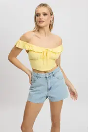 Yellow Crop Top Ruffle Off Shoulder Linen Blend - Size 16XL, Women's Crop Top