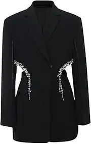 [Generic] Women's Long Sleeved Lapel Waist Hollow Rhinestone Splicing Design Suit Jacket, Office Commuting Slim Fit Jacket