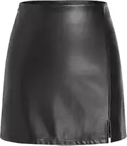 [Generic] Skirt Imitation Leather Solid Color Split Mini Skirt