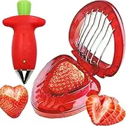Strawberry Huller Stem Remover and Slicer Set, Potatoes Pineapples Carrots Tomato Corer, Cherry Pitter, Fruit Picker, Stainless Steel Blade, Red