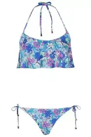 TOPSHOP FLORAL HALTER TIE FLOUNCE BANDEAU BIKINI SWIM TOP BLUE SZ 4 NEW! $32