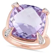 15.0mm Faceted Cushion-Cut Rose de France Amethyst and White Sapphire Ring in Solid 14K Rose Gold