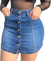[Generic] Women's Button Down Front Denim Short Skirt with Side Pocket