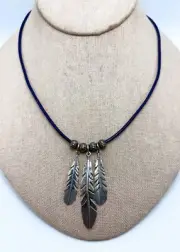 AMERICAN WEST Sterling Silver Feather Drop Leather Cord Necklace 17" Blue - NWT