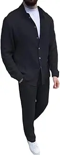 [HanzhuoLG] Men's Fashion Tracksuit Set Solid Color Casual Loose Lapel Long Sleeve Shirts & Pants Two Piece Set Medium Black