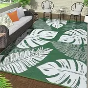Outdoor Patio Rug 9x12 Plastic Straw Rug Waterproof Modern Tropical Palm Leaf Portable Indoor Outdoor Mats with 4 Stakes Reversible Mats for Rv Deck Balcony Porch Picnic, Leaf|Green