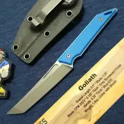 Jake Hoback Goliath Pocket Sized Fixed Blade CPM-20CV Stonewashed Tanto Blue G10