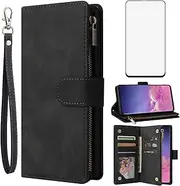Asuwish Compatible with Samsung Galaxy S10e Wallet Case Tempered Glass Screen Protector and Leather Flip Cover Card Holder Cell Accessories Phone Cases for Glaxay S 10e Gaxaly 10se Galaxies Se10 Black