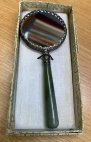 Jade Jadeite Handle Porcelain Hand Mirror Blue & White Vintage Oriental Delicate