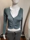 Pink Rose Skinny Teal Long Sleeve Snap Button Crop Blouse Size S