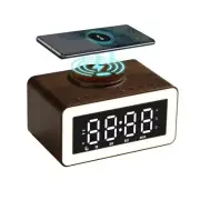 Wooden Bluetooth Speaker Alarm Clock with Wireless Charging, 0-100% Adjustable