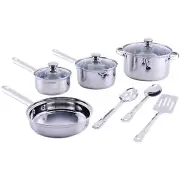 10-PC Stainless Steel Cookware Set Kitchen Silver Pots Pans Lids Utensils Tools