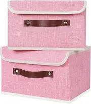 [ANMINY] 2PCS Storage Bins with Lid PU Leather Handles Storage Boxes PP Plastic Board Decorative Foldable Lidded Cotton Linen Fabric Home Cubes Baskets Closet Organizer Containers - Pink, Small Size