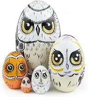 Set of 5 Cartoon Owl Animal Theme Wooden Russian Nesting Doll,Egg Shape Handmade Matryoshka Doll Wooden Stacking Doll Ornaments for Kids Student Birthday Christmas New Year Home Decoration
