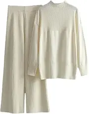 [Generic] Women's Knitted Lounge Sets Loose Split Pullover Tops High Waist Wide Legs Long Pants Tracksuits Warm Sweater Sets