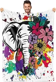 Biapian Elephant Throw Blanket Elephant Splash Ink Watercolor Flowers Flannel Fleece Bed Blanket Gifts for Men Women Adults Kids Plush Throws Blanket for Couch Sofa Bed 50 x 60 inches