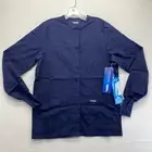 Landau Scrub Top Womens SZ XSM Long Sleeve Pockets Blue Button Up