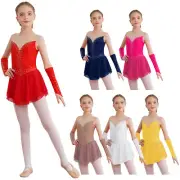 Girls Kids Roller Ice Skating Rhinestone Leotard Dance Dress Performance Costume
