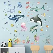 Amimagen Under The Sea Wall Decals - Marine Theme Shark Whale Fish Sea Turtle Ocean Wall Stickers - Bathroom Baby Nursery Kids Bedroom Daycare Wall Decor