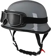 German Style Retro Half Open Leather Motorcycle Hel-met with Aviator Goggles DOT Approved Vintage Cruiser Jet Hel-Mets Unisex Motorcycle Scooter Half Jet Hel-met