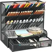 Mesh Desk Organizer, Multi-Functional Pen Holder, Pen Organizer for desk, Desktop Stationary Organizer, Storage Rack for School Home Office Art Supplies (Black Mesh Pen Holder with Drawer)