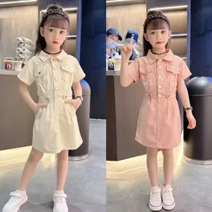 韓國童裝 女童洋裝夏季新款洋氣兒童夏裝學院風短袖大童網紅工裝裙子