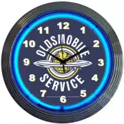 Oldsmobile Service Blue Light Up Neon Garage Man Cave Wall Clock