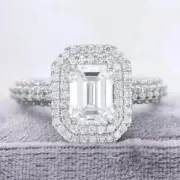 Emerald Cut 3 Carat Moissanite Double Halo Engagement Ring Solid 14K White Gold