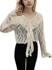[zebemay] Women's Lace Shrug Tie Front Top Ruffled Hem Floral Sheer Mesh Crop Bolero Cardigan
