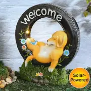 Solar LED Sleeping Labrador Puppy Dog in Tire Garden Statue Outdoor Lawn Decor