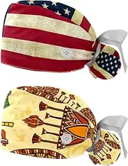 [WOSHJIUK] Working Hat 2 Pack Scrub Caps for Women,Vintage American Flag Print,Tie Back Cap Adjustable Scrub Hat