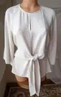 FRANCESCA'S BLUE RAIN BLOUSE 3/4 SLV CREW NECK KNOTCENTER TAUPE TOP XS NEW $40