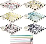 6 Pack Dumpling Plate with Dipping Saucer 7.17 in Ceramic Sushi Plates Chips and Dip Plate Japanese Sushi Platter with 5 Pairs of Chopsticks Square Serving Plate with Dip Saucer for Home Kitchen