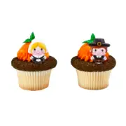 CLEARANCE Thanksgiving Cake Toppers Pilgrim Cupcake Rings One Dozen