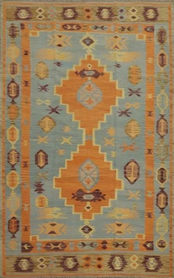 Light Blue/ Orange Tribal Wool Kilim Handwoven Area Rug Reversible Carpet 6x9