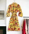 Yellow Bird Printed Velvet Banyan Fabric Kimono Cotton Velvet Robe Long Jacket