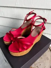 New PRADA Raso Cork Strappy Satin Platform Wedges Size 39.5 Cherry Ciliegia Red
