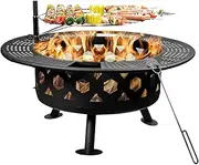 32 Inch 2 in 1 Large Camping Fire Pits for Outside with Cooking Grill and Fire Poker, Outdoor Fire Pit, Wood Burning Firepit for BBQ, Warm up, Patio, Bonfire, Camping, Picnic