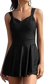 [SHEKINI] Womens One Piece Swimdress Tummy Control Swimsuit Crossover Ruched Skirted Bathing Suit