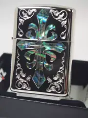 Zippo Oil Lighter Cross Arabesque Shell Inlay Silver Brass Armor Case Japan