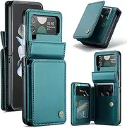 [XIMAND] for Samsung Galaxy Z Flip 4 Wallet Case with RFID Blocking and 4 Credit Card Holder, Premium Durable Leather Magnetic Clasp Kickstand Heavy Duty Shockproof Protective Cover.- Green