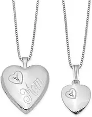 [JewelryWeb] 925 Sterling Silver Satin Back Spring-Ring Holds 2 photos Not engraveable Diamond Polished Love Heart Locket and Pendant Set 19.55mm Wide-Locket Necklace for Women