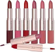 Pure Vie 2 in 1 Lipstick Set, 6Pcs Matte Nude Liquid Lipstick, Non-stick Long Lasting Lip Gloss Kit, High Shine for Fuller Looking Lips, Pigmented Lip Makeup Gift Sets for Girls and Women(A)