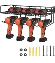 Wall Mounted Power Tool Shelf, Holds 4 Drills, Powder Coated Steel w/ Shelf