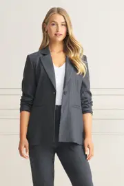 Long Line Linen Jacket - Charcoal Pinstripe