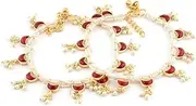 [Samyuktha] Pink Crescent Shape Kundan Drop Multistrand Anklets (2 Payals) For Women, Adjustable, Metal, no gemstone