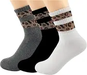 [Hopton] 3 Pairs of Women's Tennis Socks, Leopard Print Socks, Crew Sports Socks, Funny Leopard Socks for Casual Wear, Fitness, Ball Game, White, black, grey, One size