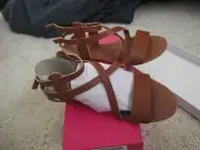 Just Fab - Cognac- Flat Sandal- Ankle buckles- 6 1/2 shoe size- NEW