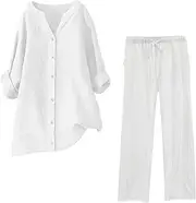 Outfits For Women 2 Piece Sets Summer Sexy Lounge Sets Plus Size Long Sleeve Linen Pants Matching Sets Tracksuit